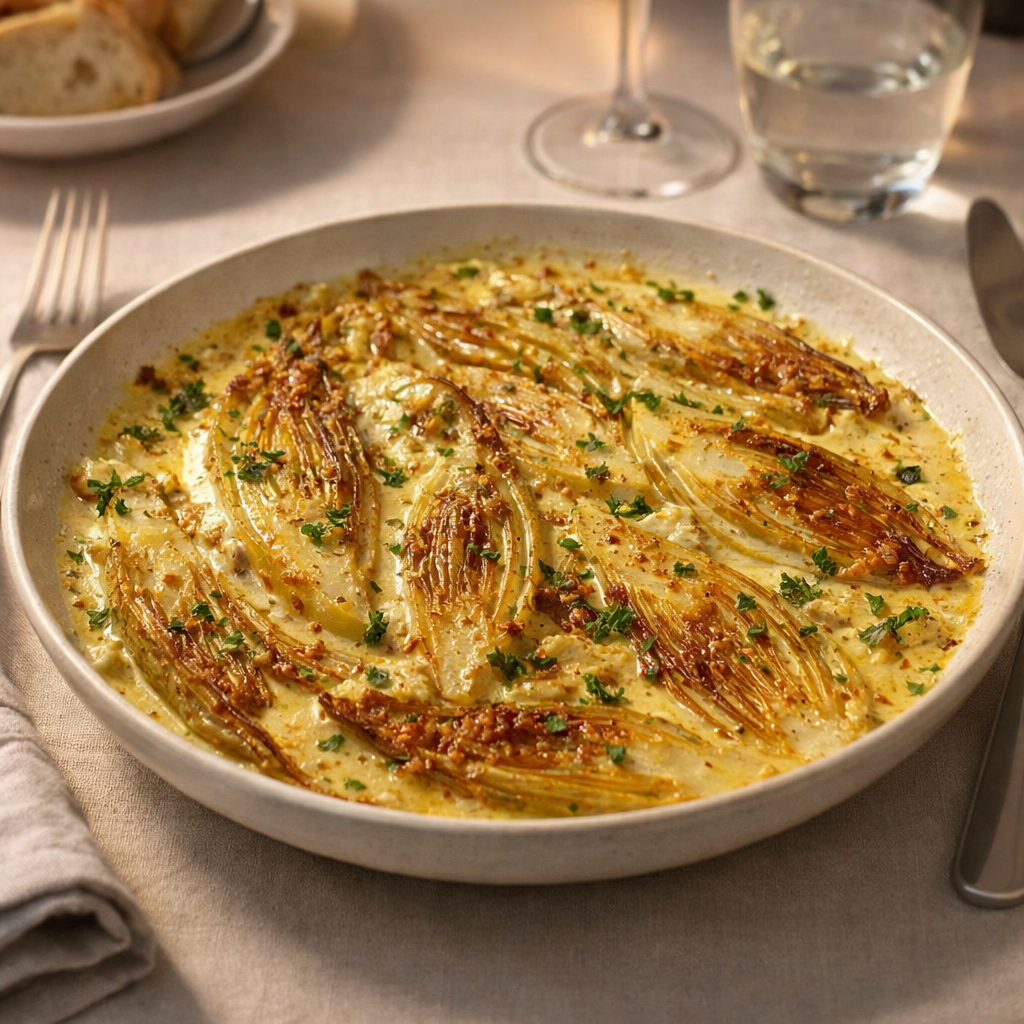 Endives braisées à la Crème Bridélice et au curry