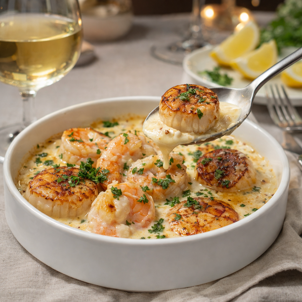 Cassolettes de gambas et Saint-Jacques à la sauce crémeuse