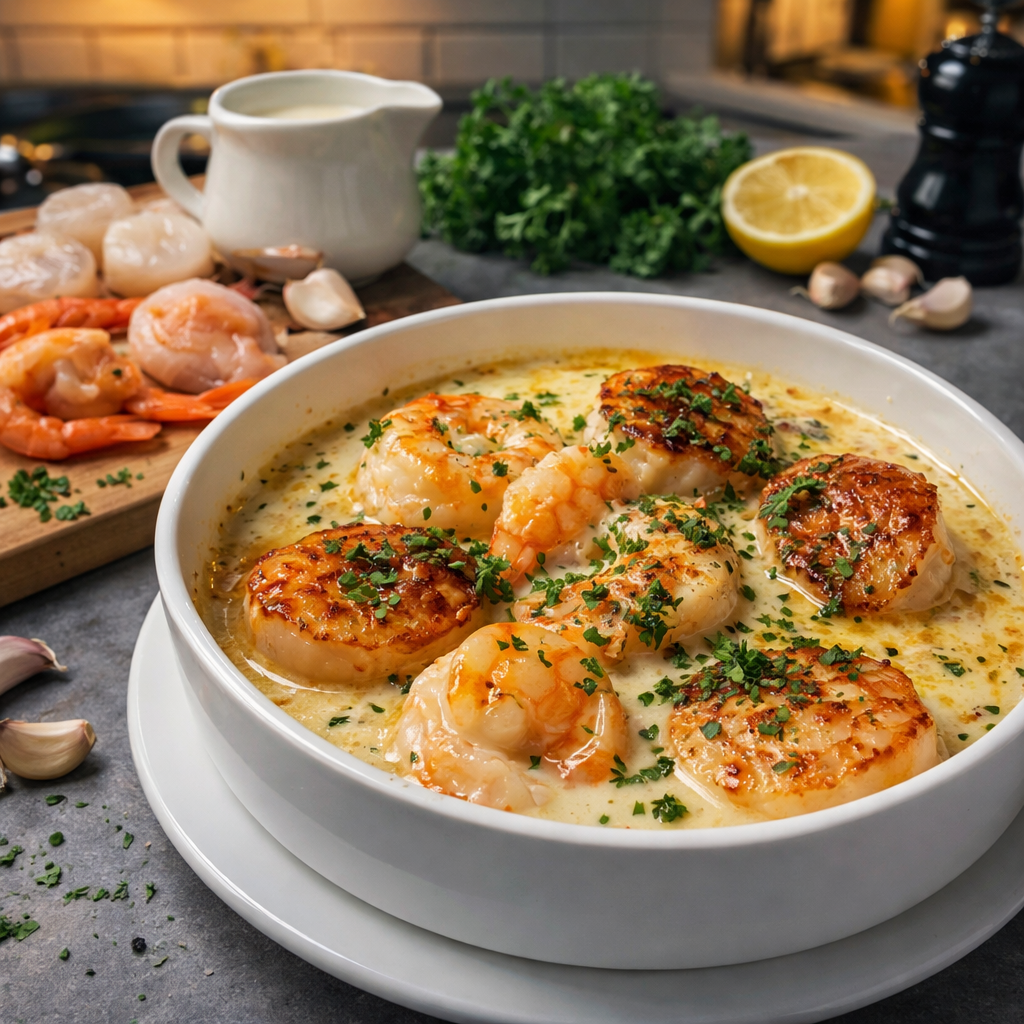 Cassolettes de gambas et Saint-Jacques à la sauce crémeuse