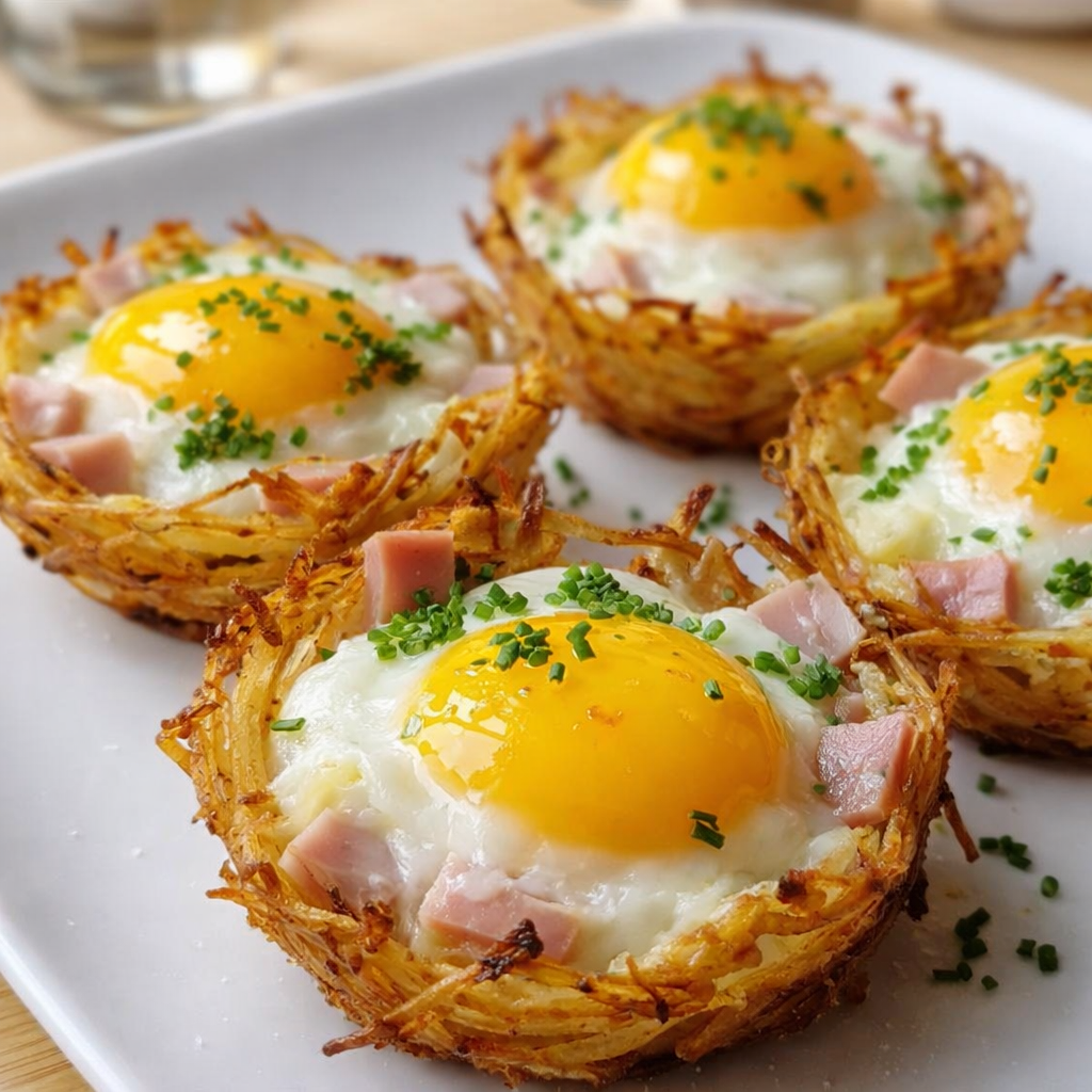 Nids de pommes de terre, œufs, jambon et fromage