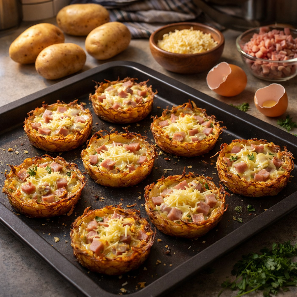 Nids de pommes de terre, œufs, jambon et fromage