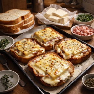 Croque-monsieur gratiné aux lardons et fromage de chèvre