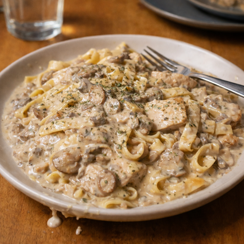 Pâtes crémeuses au poulet et aux champignons