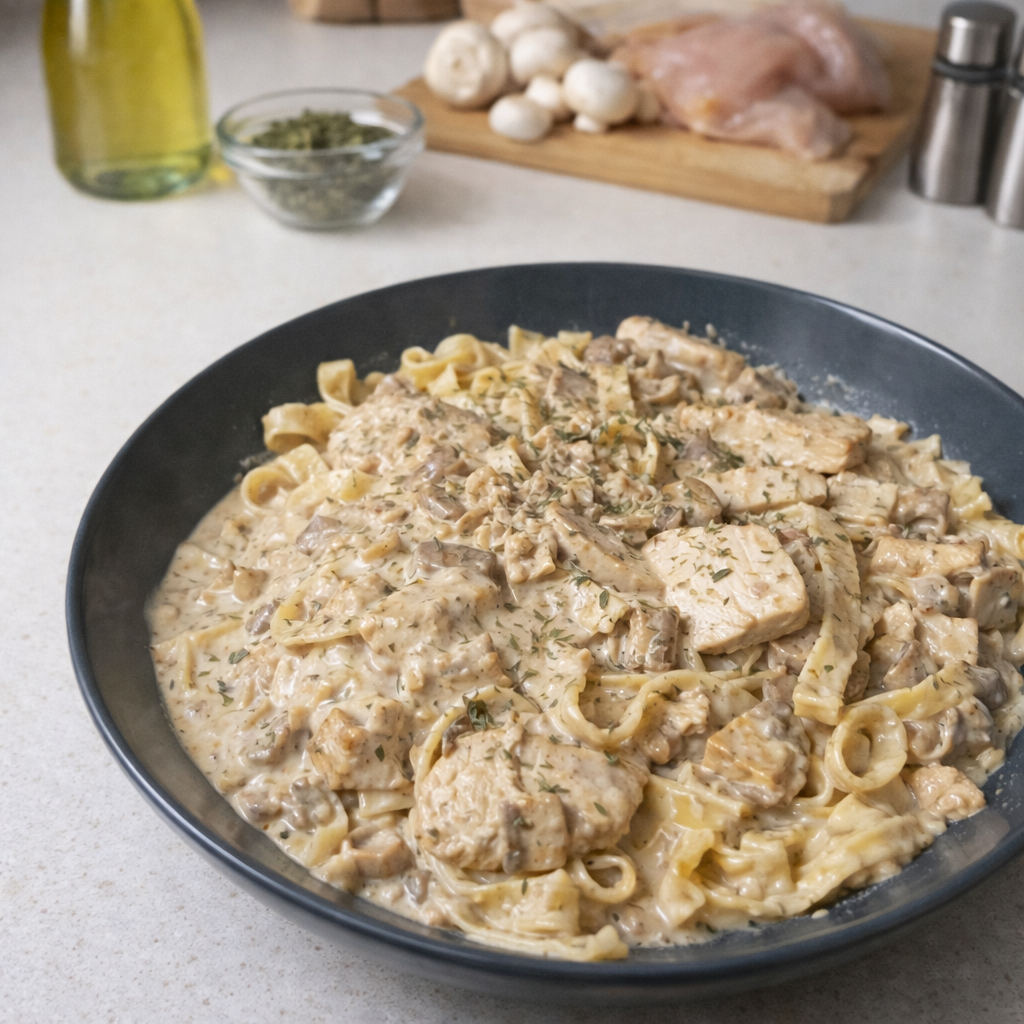 Pâtes crémeuses au poulet et aux champignons