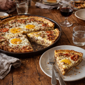 Tarte à la viande hachée aux œufs, tomates et fromage