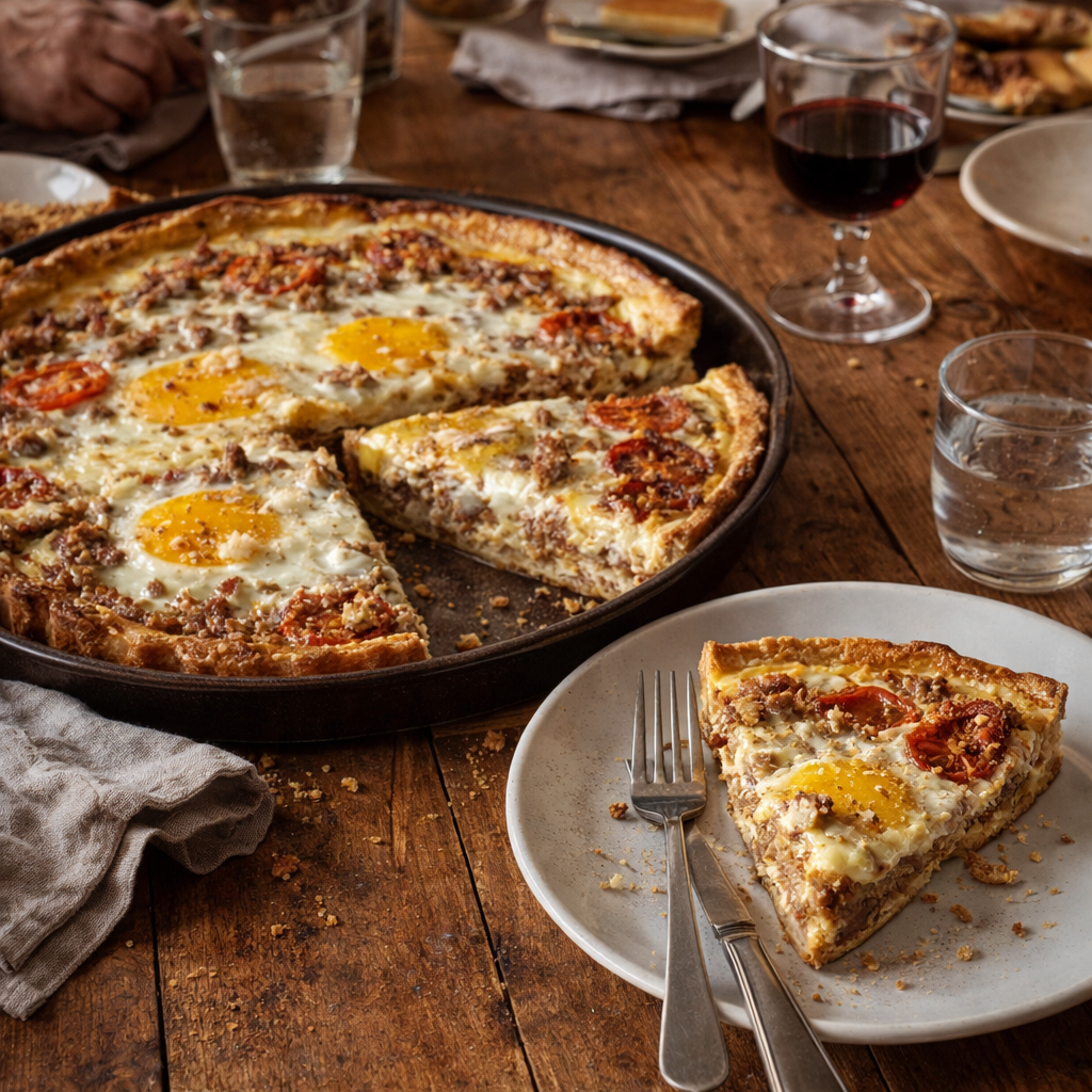 Tarte à la viande hachée aux œufs, tomates et fromage