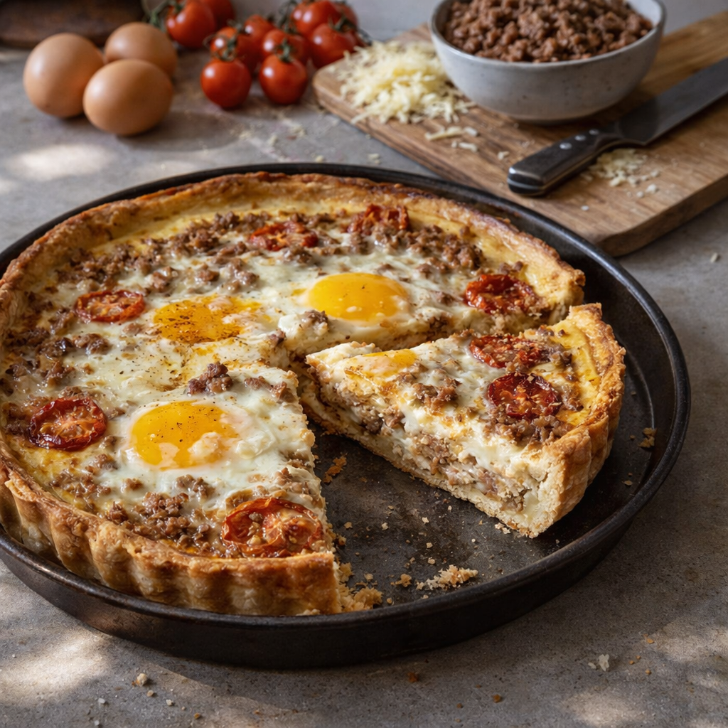 Tarte à la viande hachée aux œufs, tomates et fromage