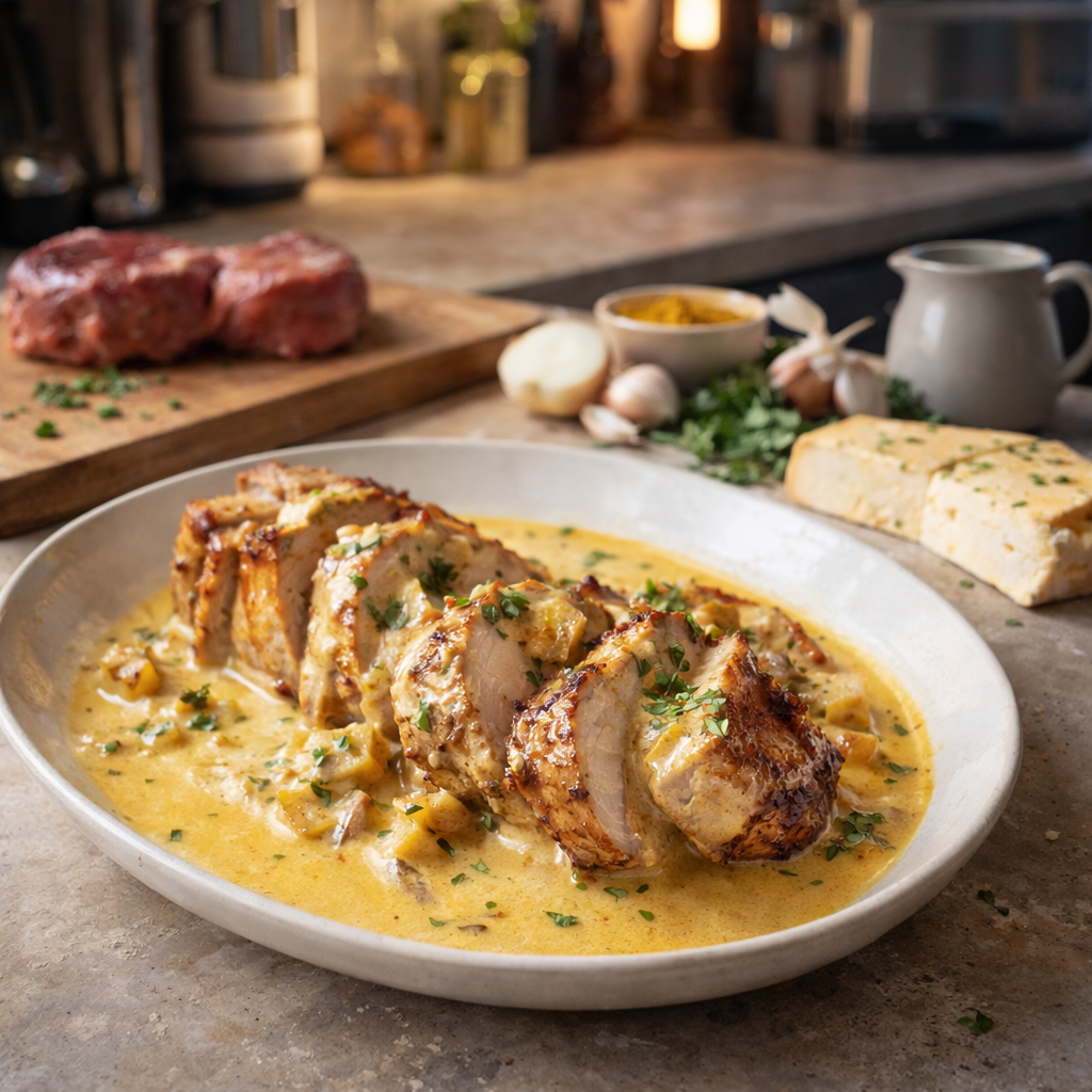 Filet mignon au reblochon et curry doux