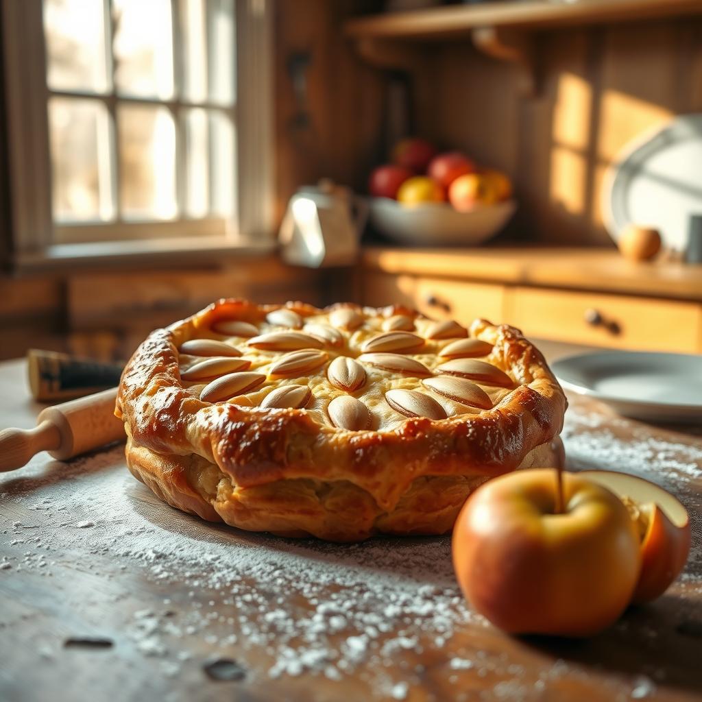 A close-up, ultra-realistic image of a traditional Galette des Rois, showcasing its golden, flaky crust beautifully decorated with almond patterns. The galette is positioned on a rustic wooden table, lightly dusted with flour, in a cozy kitchen setting filled with warm, natural light pouring in from a nearby window. In the background, soft-focus elements like a vintage rolling pin, a bowl of apples, and a delicate porcelain plate contribute to the homey atmosphere. The galette is slightly glistening, revealing its tempting layers, while an apple, sliced to reveal its juicy interior, sits beside it. The overall mood is inviting and festive, embodying the spirit of French tradition.
