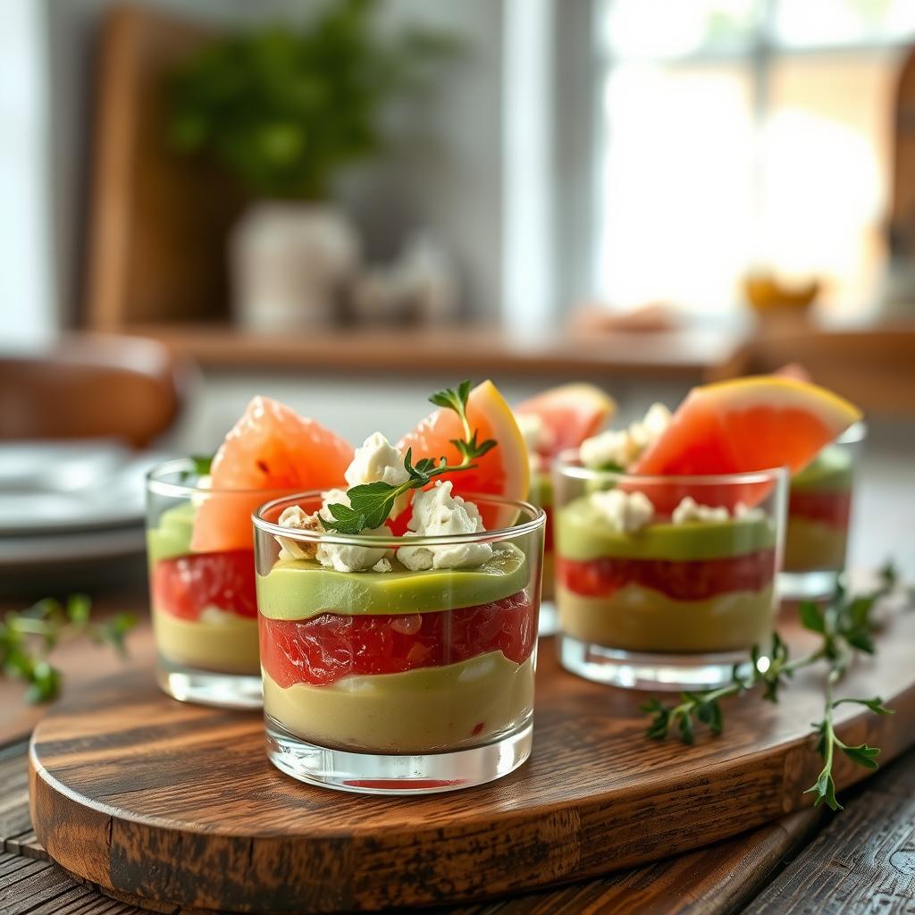 A close-up, ultra-realistic image of elegant verrines featuring creamy avocado and vibrant pink grapefruit, garnished with crumbled goat cheese and a sprinkle of fresh herbs. The verrines are artfully arranged on a rustic wooden table in a cozy kitchen, bathed in soft, natural light that highlights the fresh textures of the ingredients. The background includes subtle elements like gentle greens of kitchen plants and blurred tableware, enhancing the inviting atmosphere. The focus is on the colorful layers of the appetizer, conveying a sense of freshness and sophistication. Capture this scene from a slightly elevated angle to emphasize the elegant presentation and delicious details, evoking the charm of a refined culinary experience.