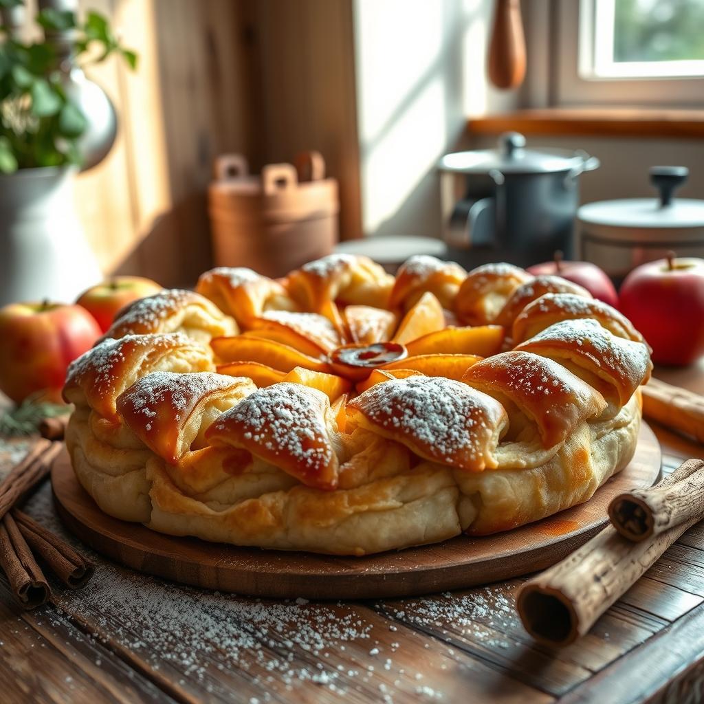 A close-up, ultra-realistic photograph of a freshly baked croustade aux pommes, showcasing its golden-brown, flaky pastry crust filled with tender, caramelized apple slices. The dish is elegantly placed on a rustic wooden table, surrounded by ingredients like fresh apples, cinnamon sticks, and a dusting of powdered sugar. Soft, natural light filters in from a nearby window, casting gentle shadows that enhance the textures of the pastry and the vibrant colors of the apples. The background features a cozy kitchen setting, with vintage utensils and a hint of greenery, evoking a warm and inviting atmosphere. The composition captures the essence of this delightful French pastry, highlighting its origins and homey appeal without any text or distractions.