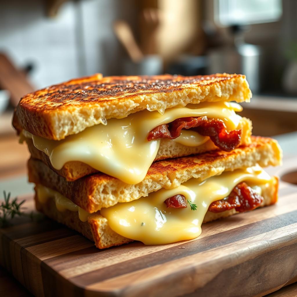 A close-up view of a croque-monsieur gratiné aux lardons et fromage de chèvre, featuring two golden-brown, crispy sandwiches stacked on a rustic wooden cutting board. Each sandwich showcases melted goat cheese oozing from the sides and crispy lardons peeking out, garnished with fresh herbs. The background depicts a cozy kitchen setting with soft, natural light streaming through a window, creating a warm and inviting atmosphere. Emphasize the authentic textures of the sandwich, with a slight steam rising, and capture the glossiness of the melted cheese. Use a shallow depth of field to keep the focus on the croque-monsieur, making the kitchen details softly blurred, enhancing the homemade feel of this classic dish reimagined.
