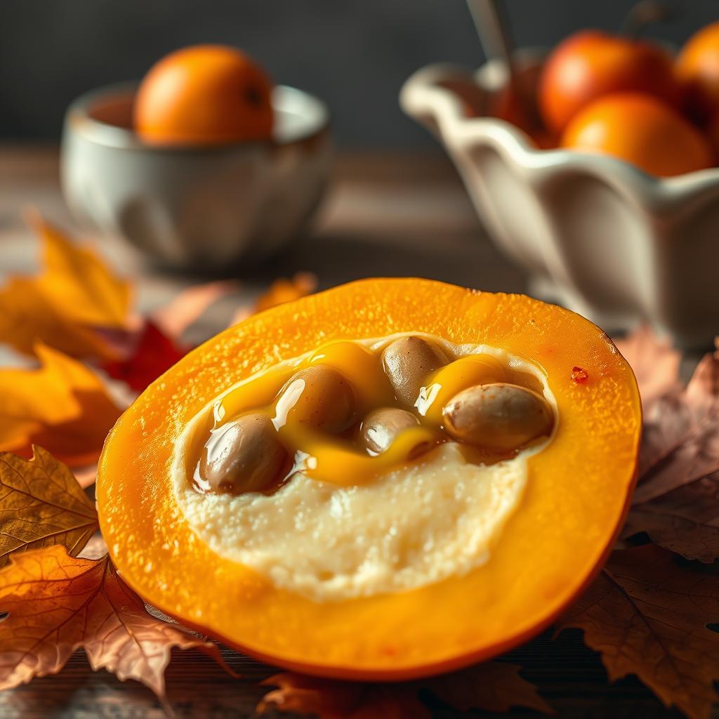 A close-up view of ripe kaki fruit in autumn, showcasing its vibrant orange and yellow hues. The fruit is sliced open to reveal its smooth, custard-like texture and seeds, glistening with a drizzle of spicy honey. Surrounding the fruit are autumn leaves in warm earth tones, creating a cozy kitchen atmosphere. Soft, natural light illuminates the scene, highlighting the authentic textures of the kaki and enhancing the warm, inviting mood. In the background, a rustic wooden table complements the organic feel of the image, while a blurred ceramic dish holds additional fruit, adding depth to the composition.