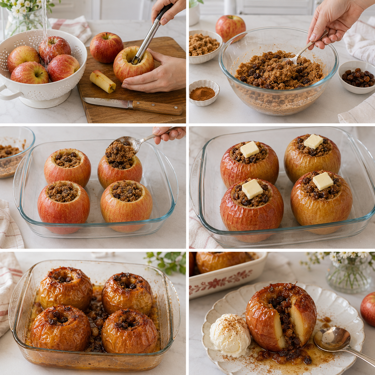 Close-up of traditional baked apples, perfectly golden brown, nestled in a rustic ceramic dish, with delicate hints of cinnamon and sugar glistening on the surface. The foreground features a few whole apples, some cut in half to showcase their tender flesh. In the middle, the dish is surrounded by scattered cinnamon sticks and fresh mint leaves for a pop of color. The background shows a cozy kitchen with warm wooden cabinets and soft, natural light filtering through a window, casting a gentle glow over the scene. The atmosphere feels inviting and homely, evoking a sense of nostalgia and warmth, ideal for showcasing the essence of traditional baked apples. No text or overlays included. Pommes au four à l’ancienne
