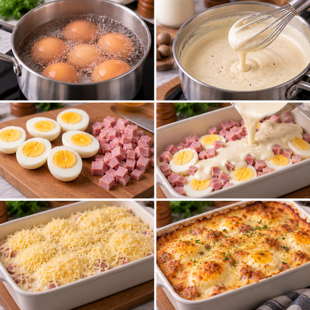 Gratin d’Œufs Durs au Jambon et à la Béchamel