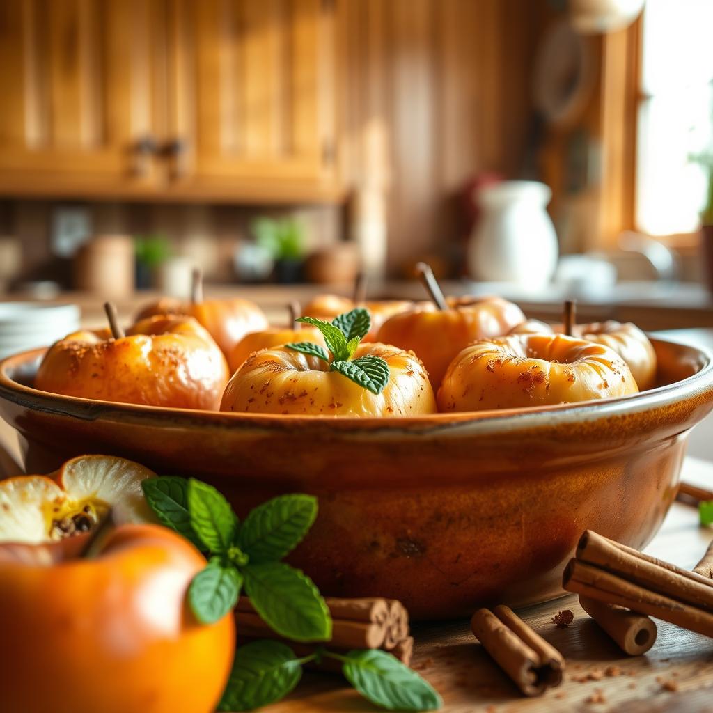Close-up of traditional baked apples, perfectly golden brown, nestled in a rustic ceramic dish, with delicate hints of cinnamon and sugar glistening on the surface. The foreground features a few whole apples, some cut in half to showcase their tender flesh. In the middle, the dish is surrounded by scattered cinnamon sticks and fresh mint leaves for a pop of color. The background shows a cozy kitchen with warm wooden cabinets and soft, natural light filtering through a window, casting a gentle glow over the scene. The atmosphere feels inviting and homely, evoking a sense of nostalgia and warmth, ideal for showcasing the essence of traditional baked apples. No text or overlays included.