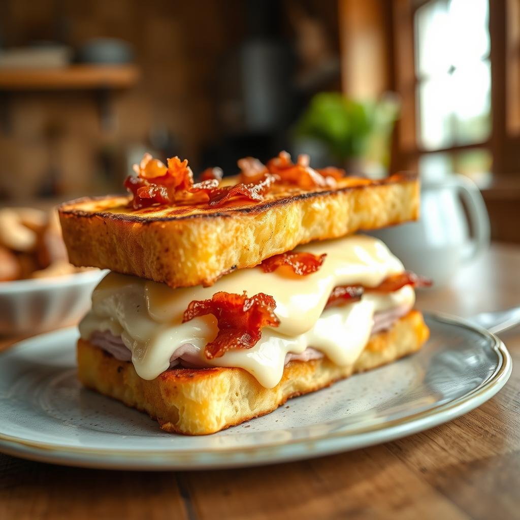 Croque-monsieur gratiné aux lardons et fromage de chèvre