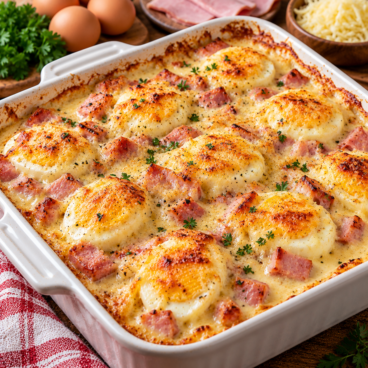 Gratin d’Œufs Durs au Jambon et à la Béchamel