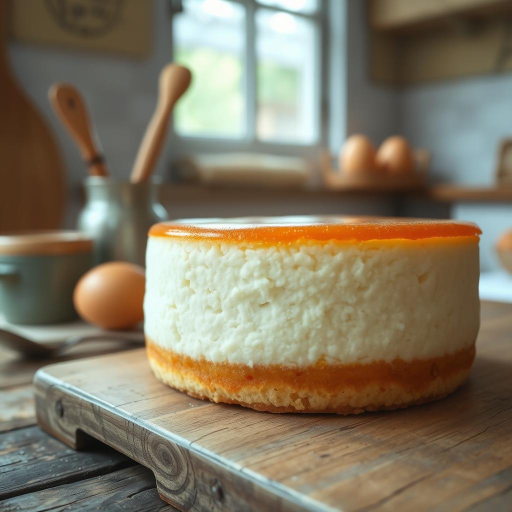 Ultra-realistic close-up of a fluffy Japanese cheesecake made with just two ingredients, placed on a rustic wooden table in a cozy kitchen setting. The cheesecake features a golden-brown top with a soft, creamy texture, glistening slightly in the soft, natural light pouring in from a nearby window. In the background, there are delicate kitchen utensils and a few eggs artistically arranged, contributing to an inviting atmosphere. The scene captures the authenticity of homemade food, showcasing the smooth curves and lightness of the cheesecake, emphasizing its airy, cloud-like features. A gentle bokeh effect blurs the background, focusing attention on the cheesecake as the centerpiece, evoking a sense of warmth and culinary delight.