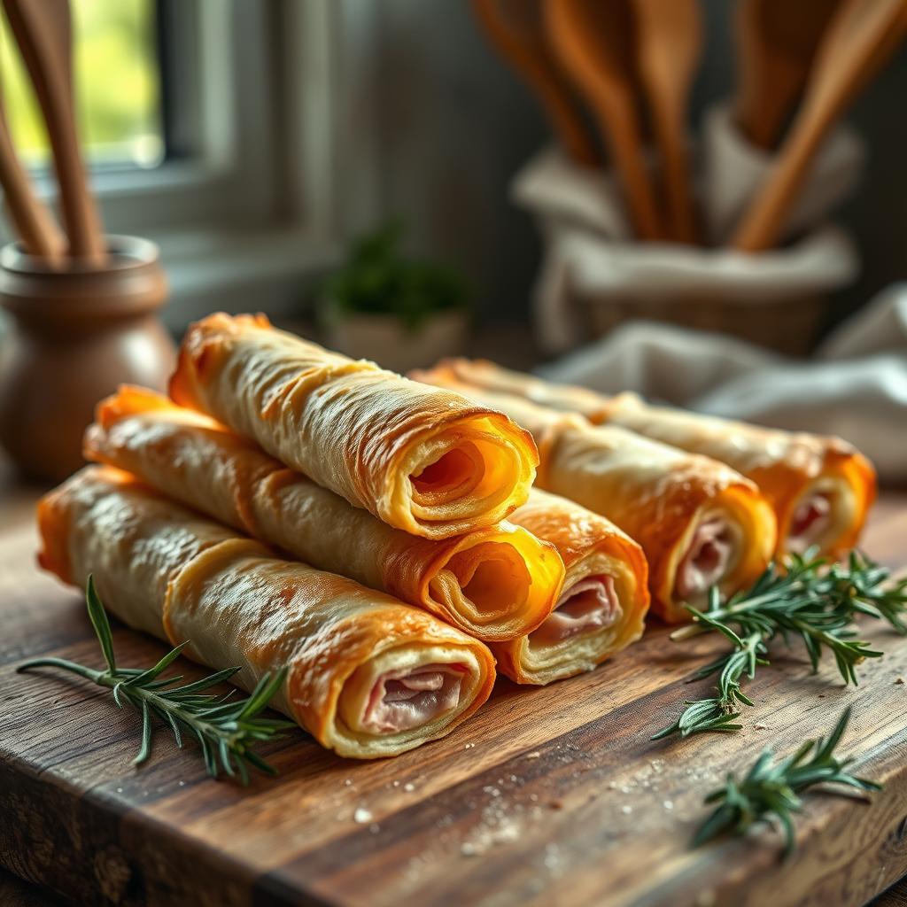 Ultra-realistic close-up of crispy ham and potato cigars, expertly rolled and golden brown, resting on a rustic wooden cutting board. Natural light streams in from a cozy kitchen window, highlighting the intricate textures of the flaky pastry and the savory filling peeking out. Sprigs of fresh herbs like rosemary and thyme are scattered around to enhance the dish's appeal. In the background, a blurred glimpse of a warm kitchen setting adds a welcoming atmosphere, featuring wooden utensils and soft linens. The overall mood is comforting and inviting, perfect for illustrating the fusion of flavors in this delicious recipe.