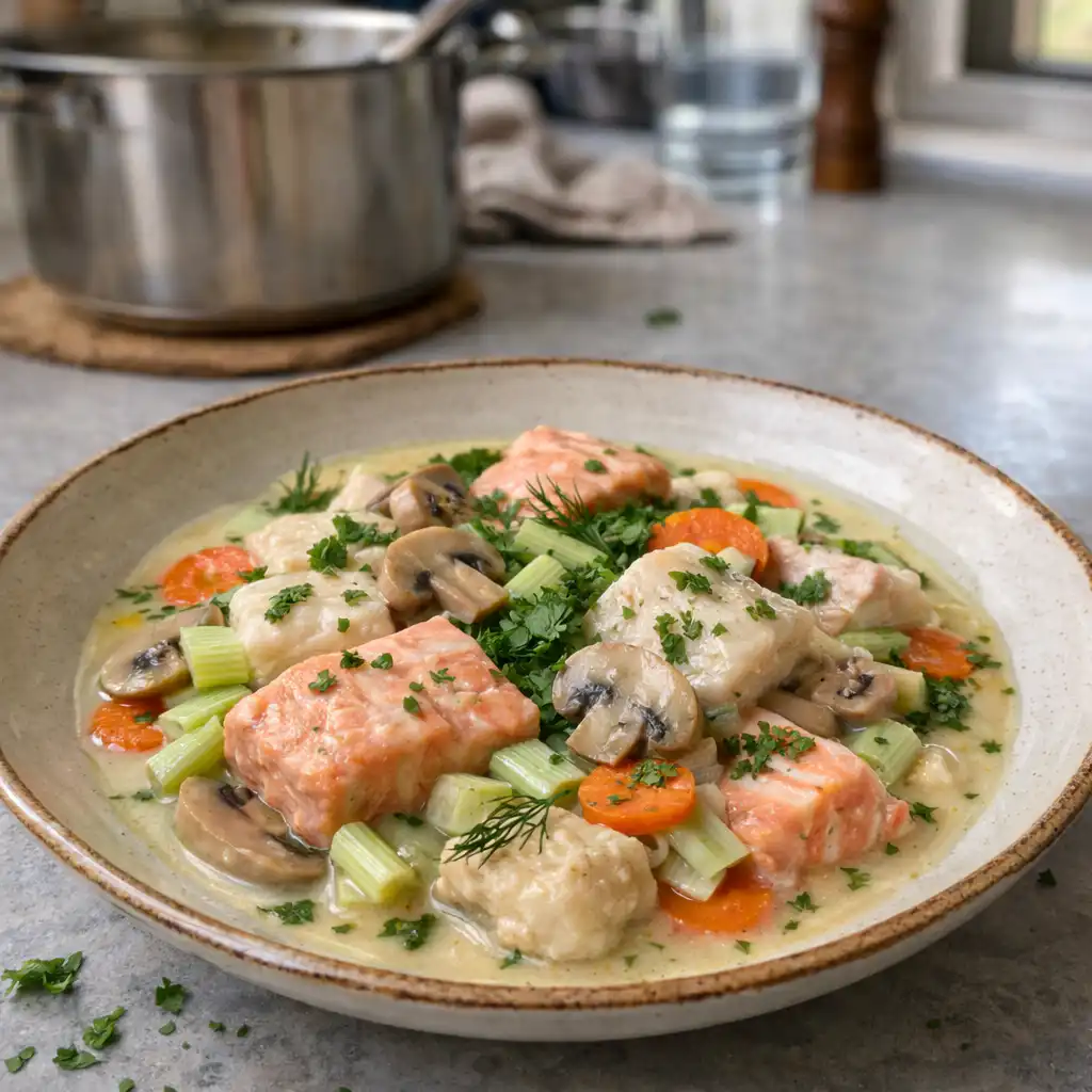 A close-up shot of a beautifully plated "blanquette de poisson," highlighting tender pieces of fish swimming in a creamy white sauce, adorned with fresh herbs like parsley and a sprinkle of lemon zest. The dish is nestled on a rustic wooden table, with steam gently rising to evoke warmth and comfort. In the background, a cozy kitchen setting is visible, featuring soft, natural light spilling through a window, illuminating the authentic textures of the food. The atmosphere feels inviting and homey, making it appealing for anyone looking to enjoy a quick yet gourmet meal. No human subjects are present, ensuring focus on the dish itself, with no captions or overlays. Blanquette de poisson rapide et gourmande