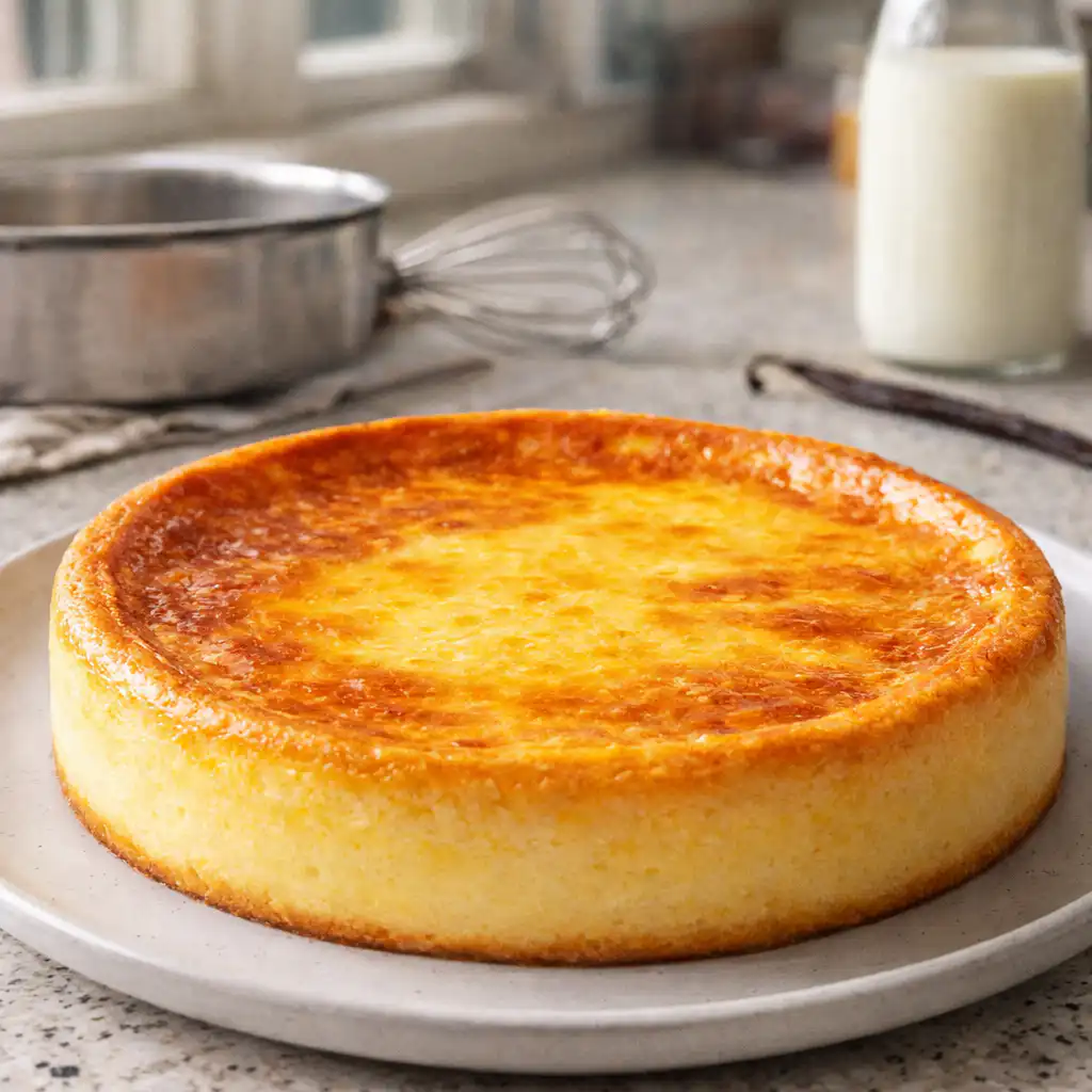 A close-up, ultra-realistic photo of a homemade 'flan léger maison' presented elegantly on a wooden kitchen table. The flan, with a smooth, caramel-glazed surface, sits in a delicate ceramic dish adorned with a sprinkle of fresh mint leaves for garnish. Surrounding the flan are hints of natural ingredients like eggs and milk in rustic glass containers, adding an organic touch. The soft, warm glow of natural light filters through a nearby window, casting gentle shadows and highlighting the creamy texture of the dessert. The background features a cozy kitchen ambiance, with wooden shelves lined with rustic kitchenware, enhancing the inviting atmosphere. The overall mood is warm and inviting, emphasizing the dessert's appeal as a healthy yet indulgent treat. Flan léger maison (sans pâte)