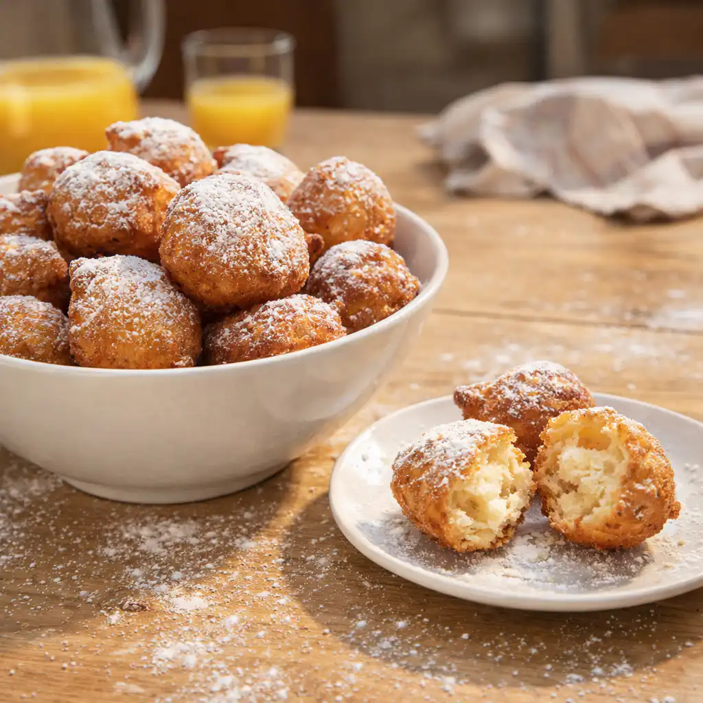 Close-up of freshly made croustillons belges, perfectly golden brown and dusted with powdered sugar, arranged on a rustic wooden table. The warm, inviting atmosphere of a cozy kitchen surrounds the scene, with natural light streaming in through a window, highlighting the flaky texture and delicate layers of the beignets. Soft shadows create depth, capturing the warmth of the home-baked treat. In the background, subtle hints of kitchen utensils and a vintage coffee pot add authenticity without distraction. The overall mood is inviting and nostalgic, emphasizing the irresistibility of these Belgian delights. Croustillons (Beignets au sucre)