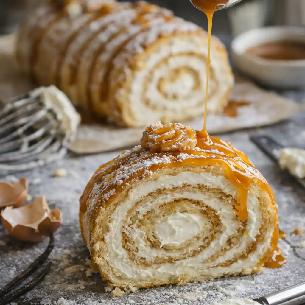Close-up of a beautifully presented "roulé vanille," showcasing its delicate, spiraled layers filled with creamy vanilla custard and drizzled with rich caramel beurre salé. The roulé should be garnished with a light dusting of powdered sugar, surrounded by a few caramel drizzles on the plate. In the background, a warm, inviting kitchen appears with soft, natural light streaming in, creating a cozy atmosphere. The image should capture the authentic textures of the dessert, emphasizing the creamy filling and soft sponge. Use a shallow depth of field to keep the focus on the roulé while slightly blurring the kitchen backdrop, enhancing the warmth and comfort of the scene. Roulé Vanille à la Crème & Caramel Beurre Salé