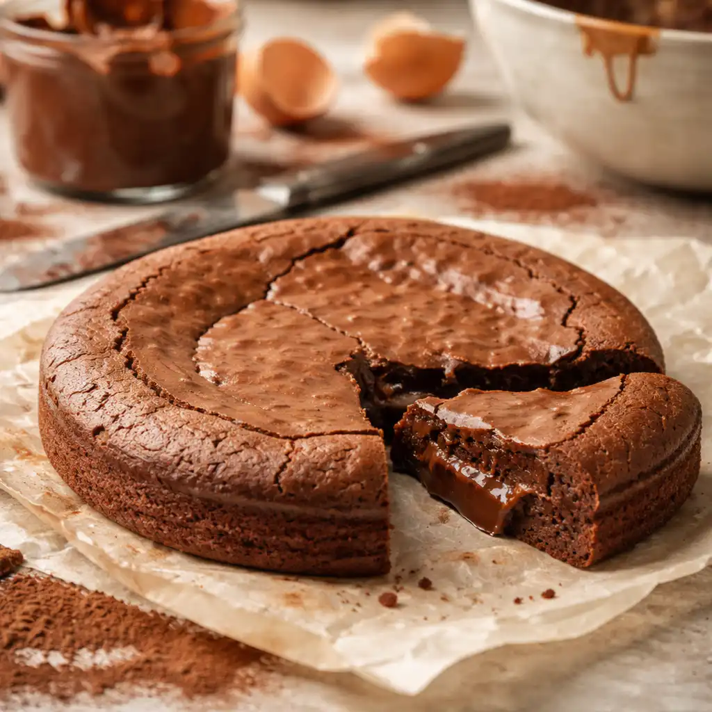 Ultra-realistic close-up of a decadent Fondant au Nutella, showcasing its rich, gooey center spilling out onto a rustic wooden table. The fondant is perfectly baked, with a glossy chocolate exterior that highlights the luscious Nutella filling inside. Surround the dessert with a few hazelnuts and a dusting of powdered sugar for added texture. In the background, a cozy kitchen setting with soft, natural light illuminating the scene, enhancing the warm, inviting atmosphere. Use a shallow depth of field to keep the focus on the fondant while softly blurring the kitchen details. The mood is indulgent and comforting, perfect for luring in dessert lovers. Fondant au Nutella