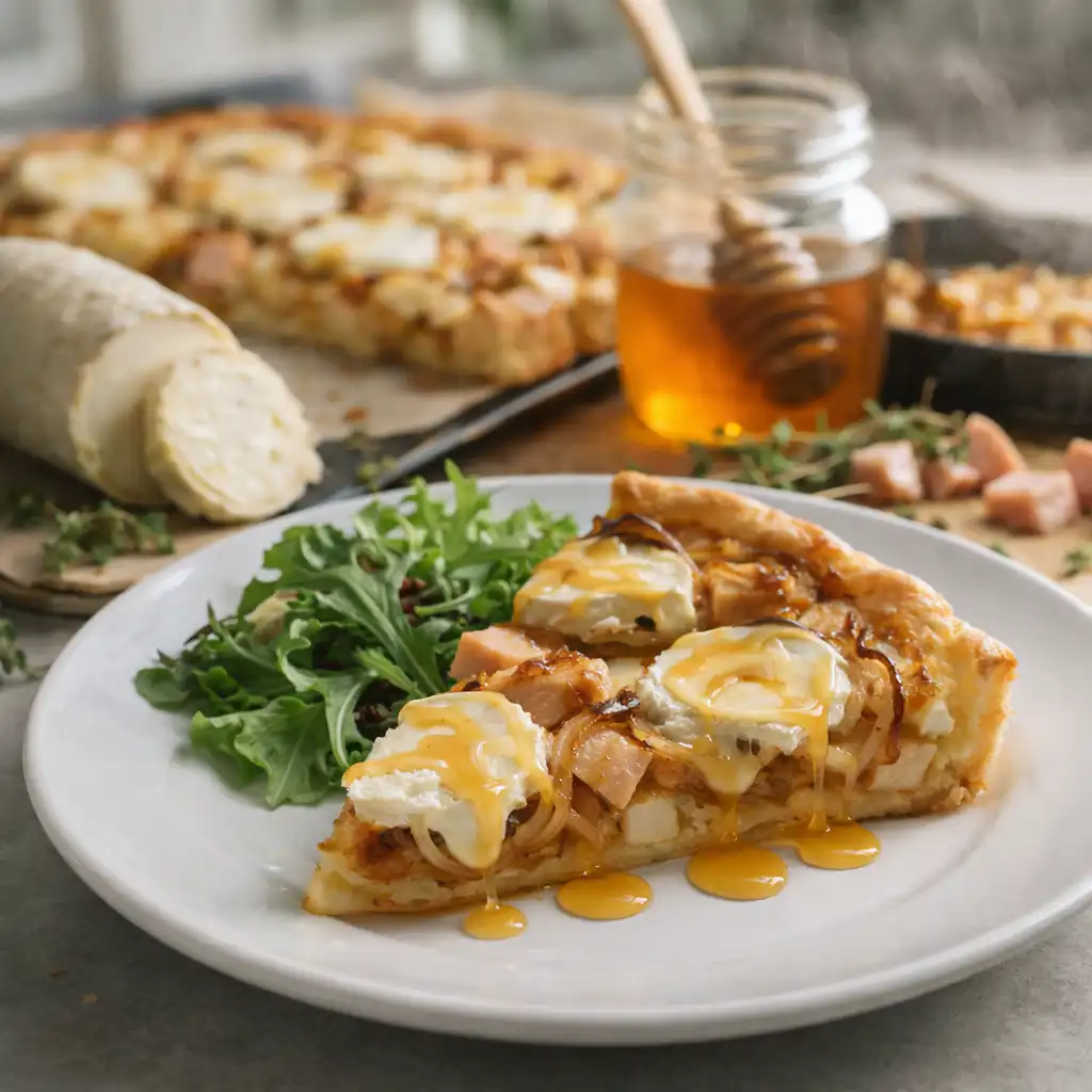 A beautifully crafted "tarte gourmande" featuring a golden, flaky crust filled with caramelized onions, tender chicken, creamy goat cheese, and a drizzle of honey. The foreground showcases the tart, filled to the brim, with glistening toppings that shimmer in natural light, emphasizing the freshness and quality of the ingredients. In the middle ground, a rustic wooden table sets the stage, surrounded by fresh herbs like thyme, enhancing the dish's aromatic appeal. In the background, a cozy kitchen scene with soft, warm lighting radiates an inviting atmosphere, suggesting a homecooked touch. The angle is a close-up shot, highlighting the tart's intricate textures, making it look irresistible and comforting. Tarte aux Oignons Caramélisés, Poulet, Chèvre et Miel