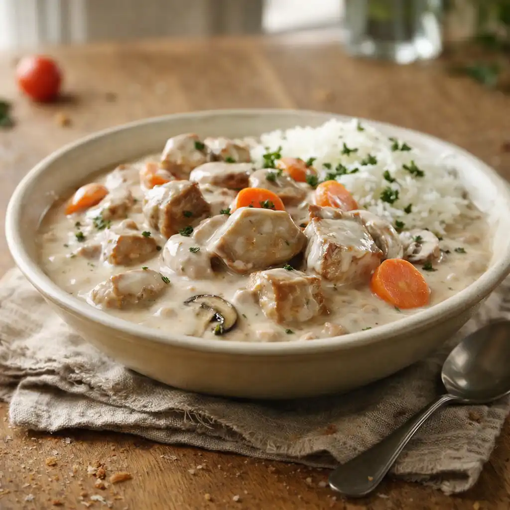 A close-up ultra-realistic image of a delicious Blanquette de Veau, showcasing tender pieces of veal simmered in a creamy white sauce, garnished with fresh parsley. The dish is served in a rustic white ceramic bowl, set on a wooden table in a cozy kitchen. The background features soft, natural light streaming through a nearby window, illuminating authentic textures of the meal, while hints of fresh ingredients like carrots, onions, and mushrooms are subtly placed around the scene. The overall atmosphere is warm and inviting, evoking the essence of traditional French cuisine. Focus on rich details and textures, capturing the mouthwatering appeal of this classic dish. Blanquette de Veau