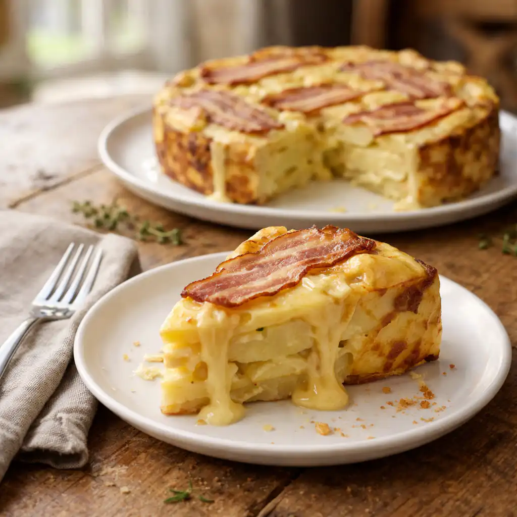 A close-up shot of a beautifully arranged flan réconfortant, showcasing its creamy caramel top glistening under natural light. The flan is placed on a rustic wooden table, surrounded by a cozy kitchen setting. In the background, soft-focus elements like a warm oven and fresh ingredients hint at the baking process. Emphasize the flan’s authentic texture, with tiny bubbles forming on the surface, inviting warmth and comfort. Include subtle details such as a sprinkle of cinnamon or a slice of cheese nearby, enhancing the inviting atmosphere. The overall mood is warm, homely, and inviting, appealing to the senses of taste and comfort, perfect for a convivial culinary experience. Flan à la Raclette