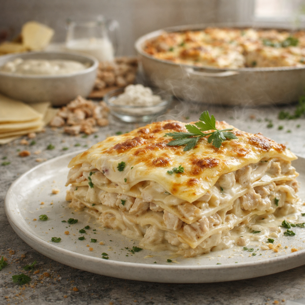 Lasagnes Fondantes au Poulet et Sauce Blanche Crémeuse