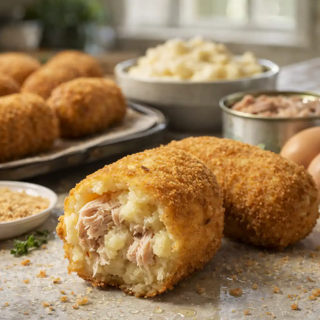 Ultra-realistic close-up of "thon parmentier," showcasing a beautifully presented plate of crispy tuna cakes. The foreground features golden-brown, crispy, and flaky layers of the cakes, garnished with fresh herbs and a light drizzle of tangy sauce. The middle ground captures a rustic wooden table, with scattered ingredients like diced potatoes, shallots, and fresh parsley hinting at the dish's preparation. The background reveals a cozy kitchen ambiance with soft, natural light streaming through a window, illuminating the scene and creating a warm, inviting atmosphere. The overall mood is homely and appetizing, perfect for a food enthusiast’s article. Croustillants de thon façon parmentier