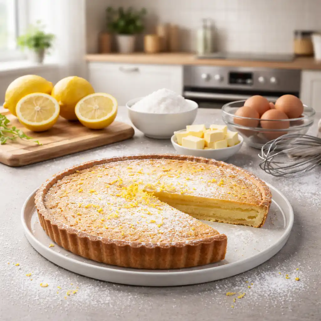 A delectable close-up of a "tarte citron fondante" showcased on a rustic wooden table in a cozy kitchen. The tart, perfectly baked with a golden crust and a glossy lemon curd filling, glistens under soft, natural light. A few delicate slices are artfully arranged on the side, revealing the creamy texture within. Fresh lemon zest and mint leaves are elegantly scattered around for added color and contrast. The background features a softly blurred vintage kitchen setting, with warm wooden shelves and a hint of culinary utensils, creating an inviting atmosphere. Capture the essence of homemade authenticity, emphasizing the rich textures and vibrant colors, with a focus on the tart's mouthwatering appeal. Tarte citron fondante & express