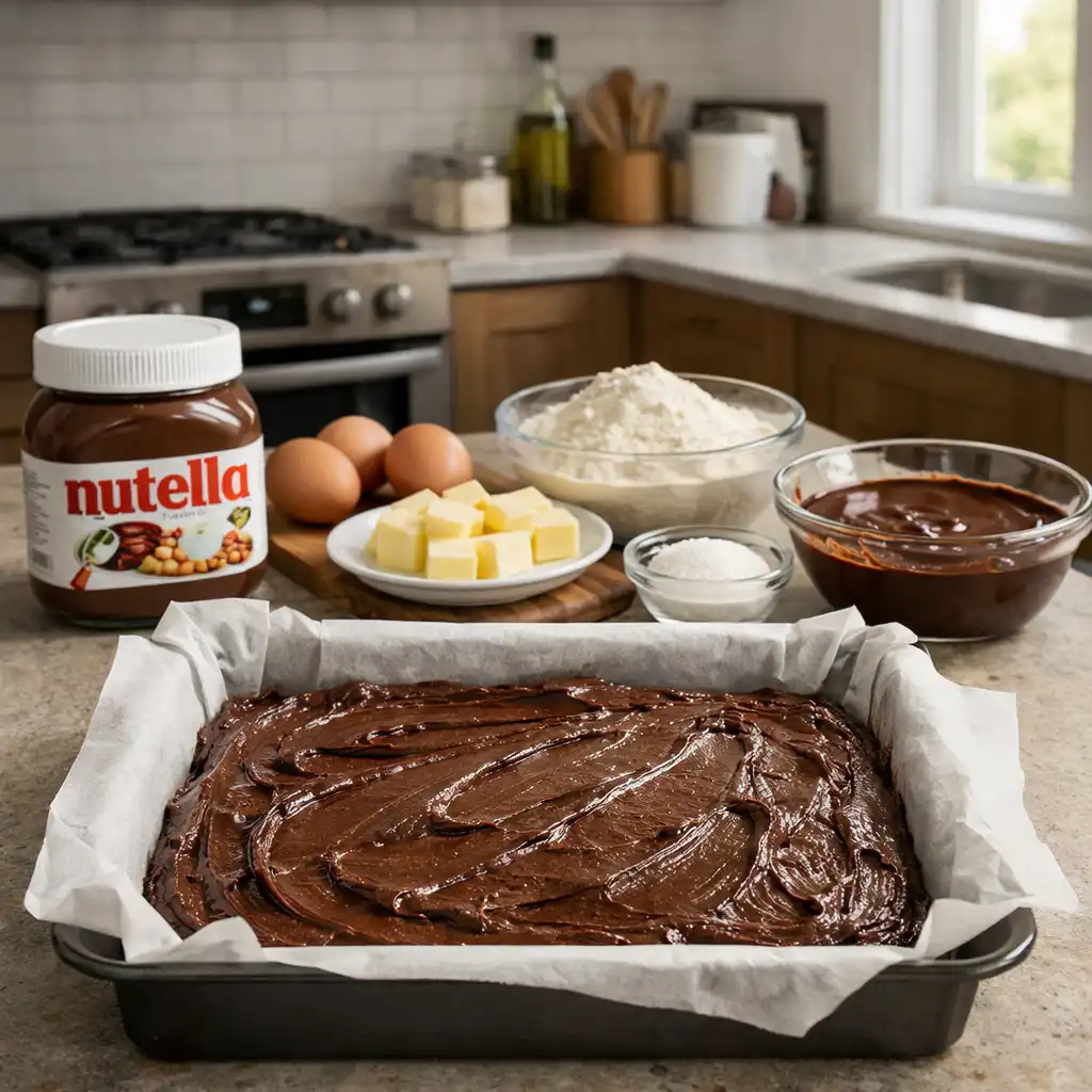 Ultra-realistic close-up of decadent Nutella brownies, freshly baked and cut into generous squares, showcasing a glossy, rich top layer glistening in the natural light. The brownies are displayed on a rustic wooden table with a cozy kitchen atmosphere, surrounded by scattered hazelnuts and a small jar of Nutella, emphasizing their chocolatey goodness. Soft shadows play across the scene, adding depth to the authentic textures. The focus is sharp on the brownies, highlighting their fudgy interior and mouth-watering, gooey edges. A warm, inviting ambiance is created with sunlight streaming through a nearby window, enhancing the homemade feel of this indulgent treat. No text or overlays present. Brownies au Nutella – gourmand et fondant
