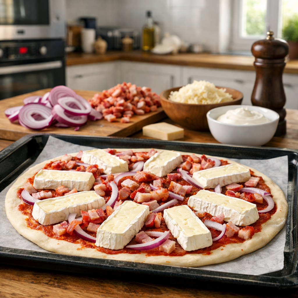 Pizza Camembert Fondante aux Lardons et Oignons Caramélisés