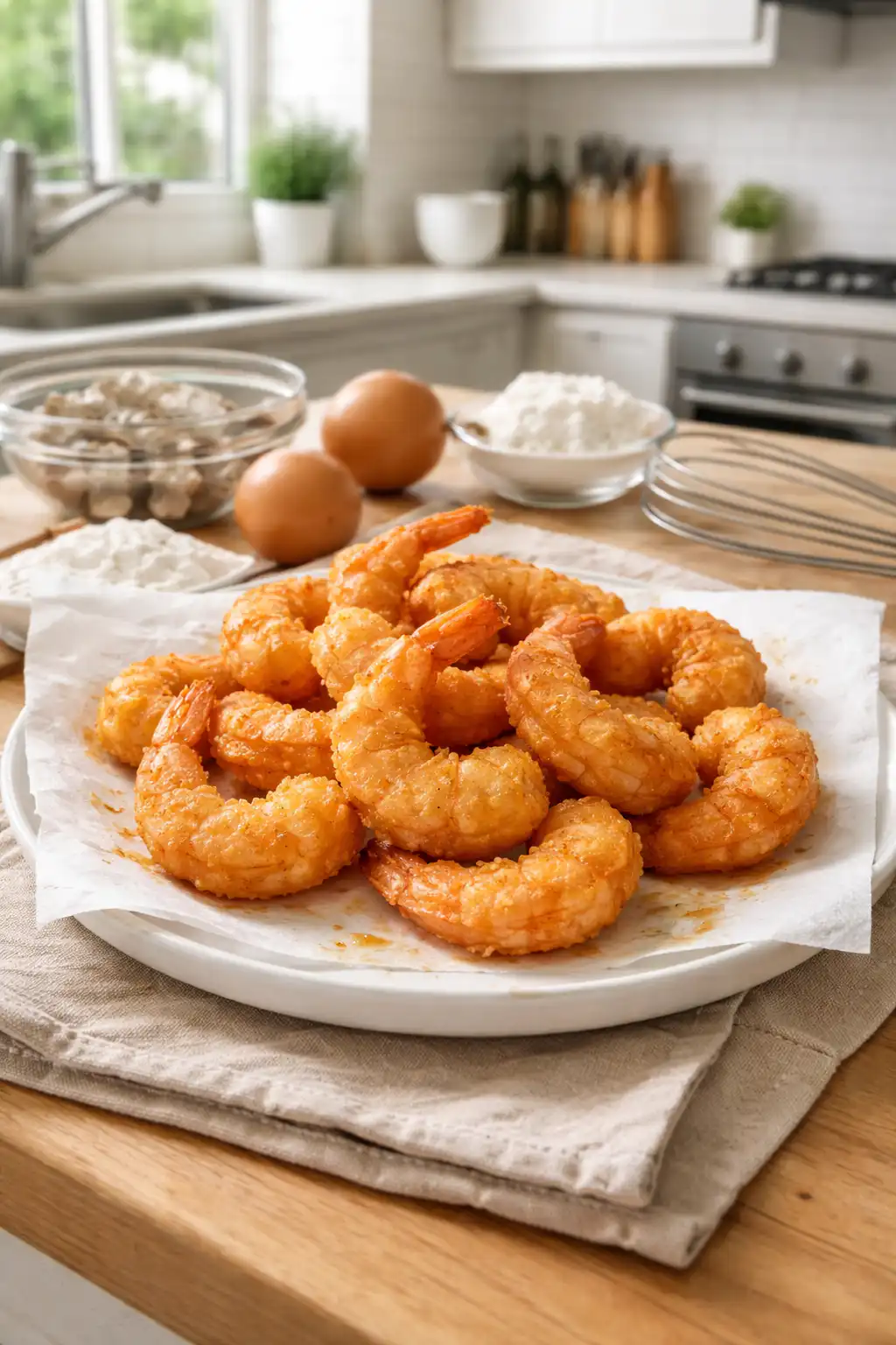 Ultra-realistic close-up of irresistible shrimp beignets, golden-brown and crispy, dusted with powdered sugar. The foreground features the beignets arranged artfully on a rustic wooden plate, showcasing their flaky texture and inviting appearance. In the background, a cozy kitchen is softly lit with natural light streaming in from a window, highlighting the warm atmosphere. A few shrimp are playfully peeking out from the beignet layers, adding a touch of culinary intrigue. Subtle kitchen elements, like a bowl of dipping sauce and fresh herbs, enhance the scene's authenticity. The overall mood is inviting and comforting, inviting viewers to indulge in this delectable treat. Beignets de Crevettes Croustillants