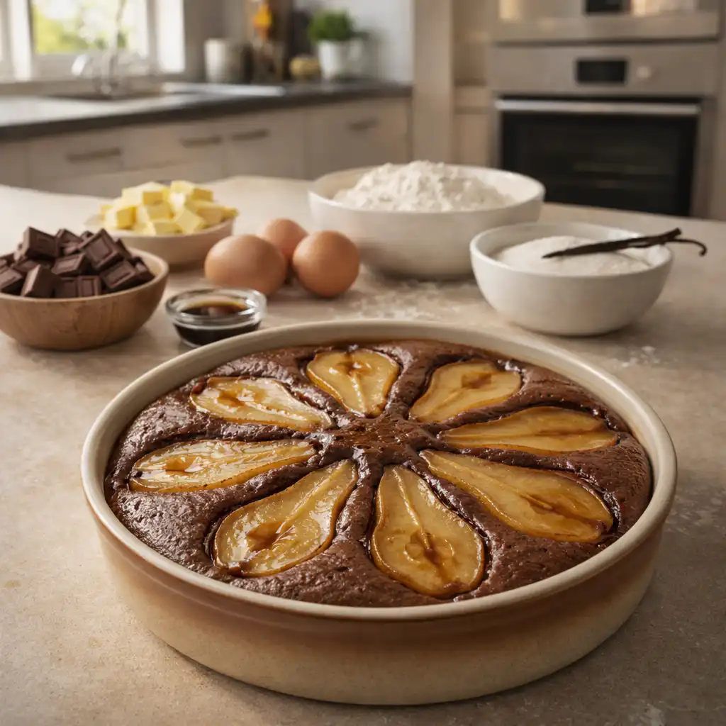 A beautifully arranged Gâteau Poires-Chocolat sits on a rustic wooden table in a cozy kitchen, showcasing a rich chocolate cake layered with tender, juicy pears. The cake has a glossy chocolate ganache glaze, with delicate pear slices elegantly fanned on top. In the background, warm, natural light filters through a window, creating soft shadows that enhance the authentic textures of the cake and surrounding ingredients like scattered cocoa powder and fresh pear halves. The composition captures the dessert in a close-up, highlighting its moist interior and contrasting textures. The atmosphere is inviting and comforting, evoking the joy of homemade baking. Gâteau Poires-Chocolat