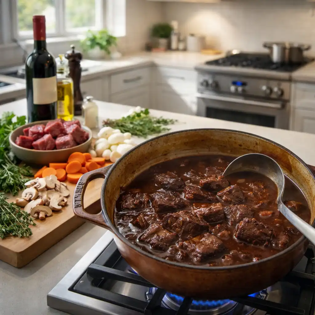 A close-up, ultra-realistic image of a traditional bœuf bourguignon served in a rustic ceramic bowl, showcasing tender pieces of beef simmered in rich red wine, garnished with fresh parsley. The dish is surrounded by an array of colorful vegetables like pearl onions, carrots, and mushrooms, each with authentic textures and vibrant colors. The setting is a cozy kitchen with wooden countertops, soft natural lighting streaming in through a window, casting gentle shadows. The atmosphere is warm and inviting, evoking a sense of home-cooked comfort. No human subjects are present, ensuring a focus solely on the exquisite dish presentation. Bœuf bourguignon traditionnel