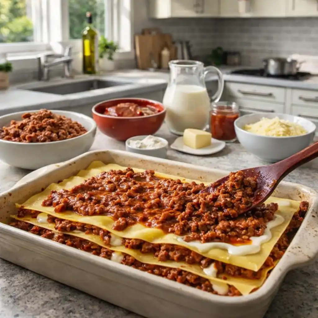 Ultra-realistic close-up of a freshly baked lasagna bolognese, with layers of pasta, rich meat sauce, and melted cheese creating a mouthwatering texture. The dish is garnished with fresh basil leaves and a sprinkle of parmesan, emphasizing its homemade quality. The setting is a cozy kitchen with warm, natural light streaming in, highlighting the authentic textures of the ingredients. In the background, there are rustic kitchen elements like wooden utensils and a bowl of fresh tomatoes, enhancing the homely atmosphere. The overall mood is inviting and comforting, capturing the essence of a family meal shared in a welcoming environment. The camera angle is slightly above the dish to showcase the layers clearly. Lasagnes à la bolognaise