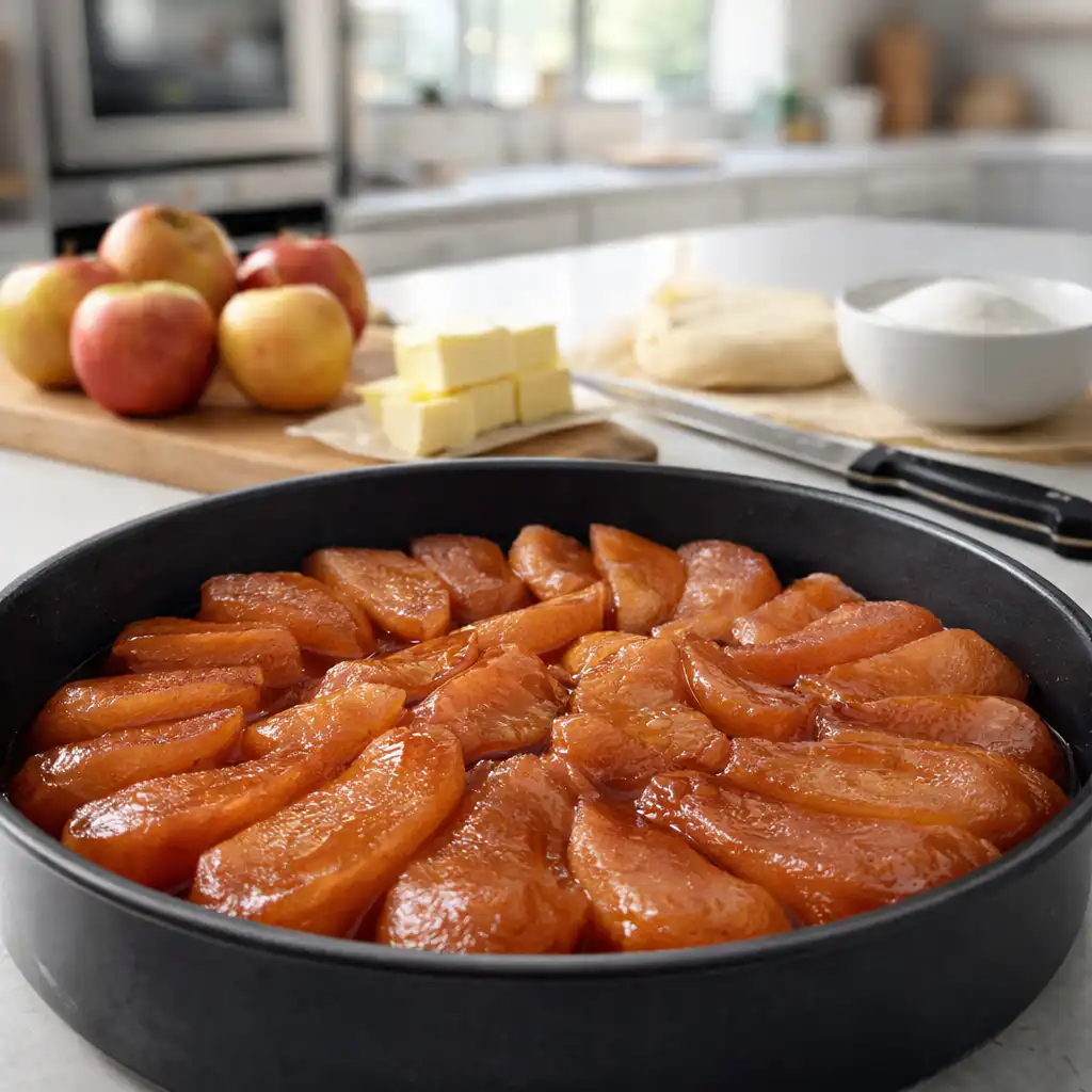 A beautifully baked Tarte Tatin sits prominently on a rustic wooden table in a cozy kitchen setting. The tart features glistening caramelized apples perfectly arranged over a golden, flaky pastry crust, showcasing their rich golden-brown color. In the background, warm sunlight filters through a window, casting gentle light that highlights the authentic textures of the tart and the fresh ingredients surrounding it, such as cinnamon sticks and whole apples. The scene captures a serene atmosphere, inviting and reminiscent of traditional French culinary charm. The composition focuses closely on the tart, emphasizing its inviting details while subtly showcasing the warmth of the kitchen environment, evoking a sense of nostalgia and comfort. Tarte Tatin