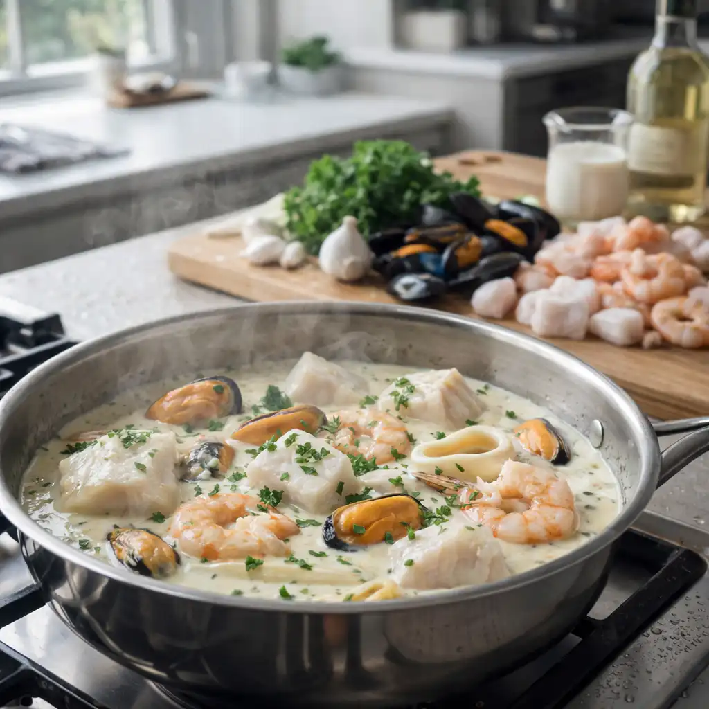 A close-up, ultra-realistic image of a Cassolette de Fruits de Mer et Poisson à la Crème, beautifully presented in a small ceramic dish. The dish is overflowing with a rich, creamy sauce, garnished with fresh herbs and bright black pepper. In the foreground, various seafood like shrimp, scallops, and mussels can be seen, glistening with flavor. The creamy white sauce contrasts against the vibrant colors of the seafood, showcasing authentic textures. The background features a warm, cozy kitchen setting, gently illuminated by natural light filtering through a window, casting soft shadows and enhancing the inviting atmosphere. The overall mood is comforting and homey, ideal for a culinary masterpiece. Cassolette de Fruits de Mer et Poisson à la Crème