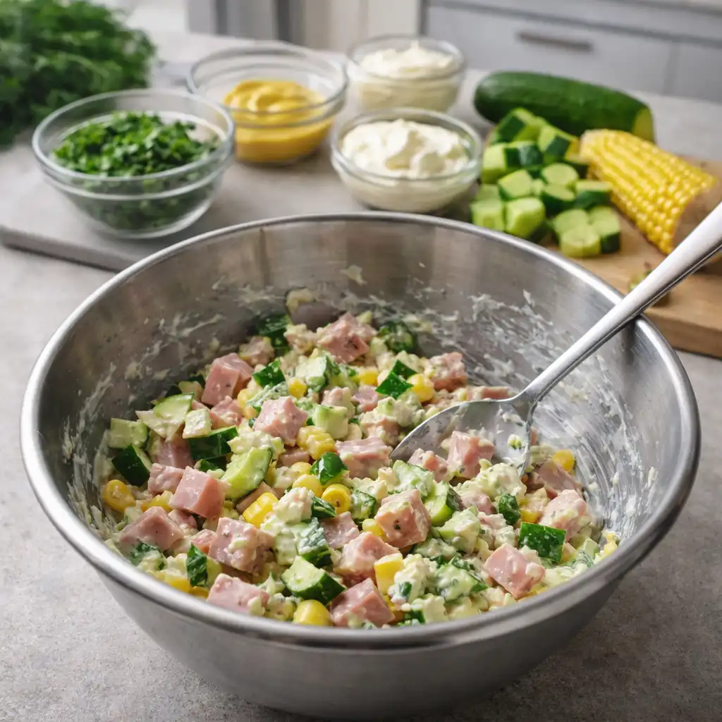 A close-up shot of a vibrant "Salade Été," featuring fresh, colorful ingredients on a rustic wooden table in a cozy kitchen. In the foreground, a large bowl showcases a mix of crisp romaine lettuce, thinly sliced juicy cucumbers, and diced ham, garnished with cherry tomatoes and sprigs of fresh herbs. The salad glistens with a light vinaigrette dressing that emphasizes the freshness. Natural light streams in from a nearby window, casting soft shadows and highlighting the textures of the ingredients. In the background, blurred elements of the kitchen, such as colorful plates and utensils, enhance the homey atmosphere. The overall mood is inviting and refreshing, perfectly capturing the essence of summertime dining. Salade Fraîcheur au Jambon & Concombre