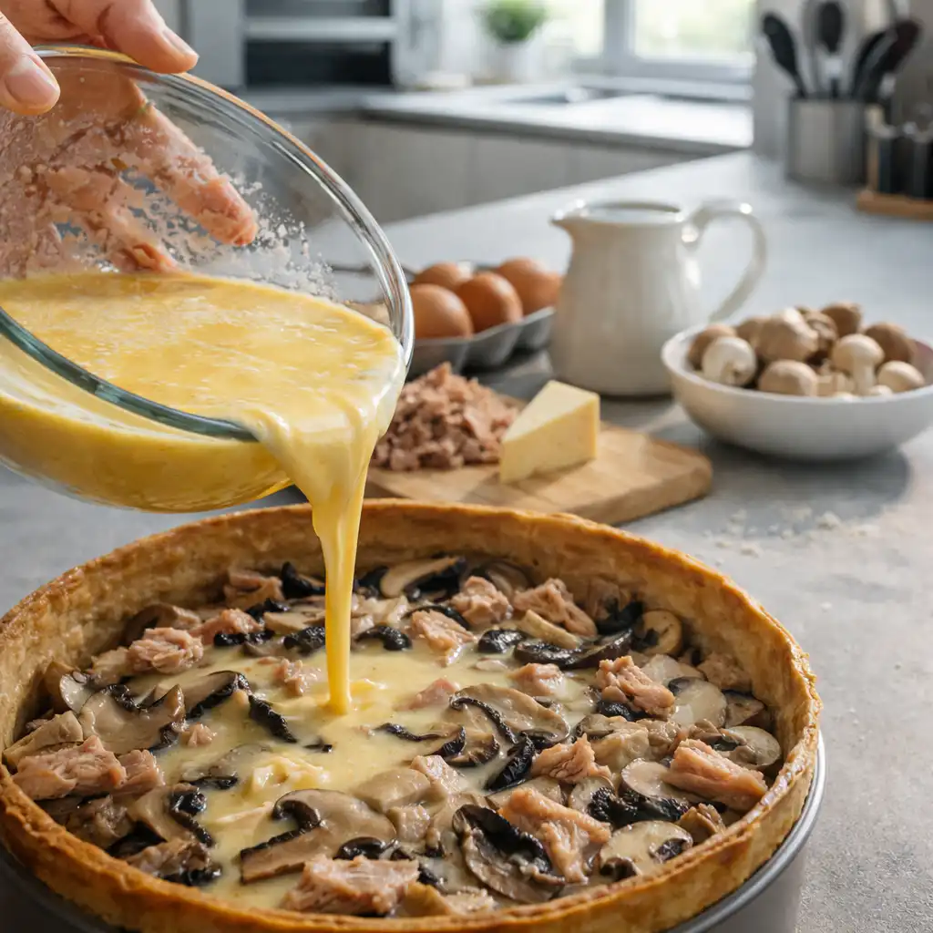 A beautifully presented, ultra-realistic close-up of a "quiche légère" decorated with vibrant green herbs and a golden-brown crustless edge. The quiche features a filling of tuna and mushrooms, showcasing the delicate textures of the ingredients with soft lighting that emphasizes the freshness. The setting is a cozy kitchen, with a wooden table and rustic utensils in the background, creating an inviting atmosphere. Sunlight streams through a nearby window, casting gentle shadows and highlighting the glistening surface of the quiche. The focus is on the quiche itself, capturing its appetizing details while evoking a warm, homemade feel. Quiche Sans Pâte au Thon & Champignons