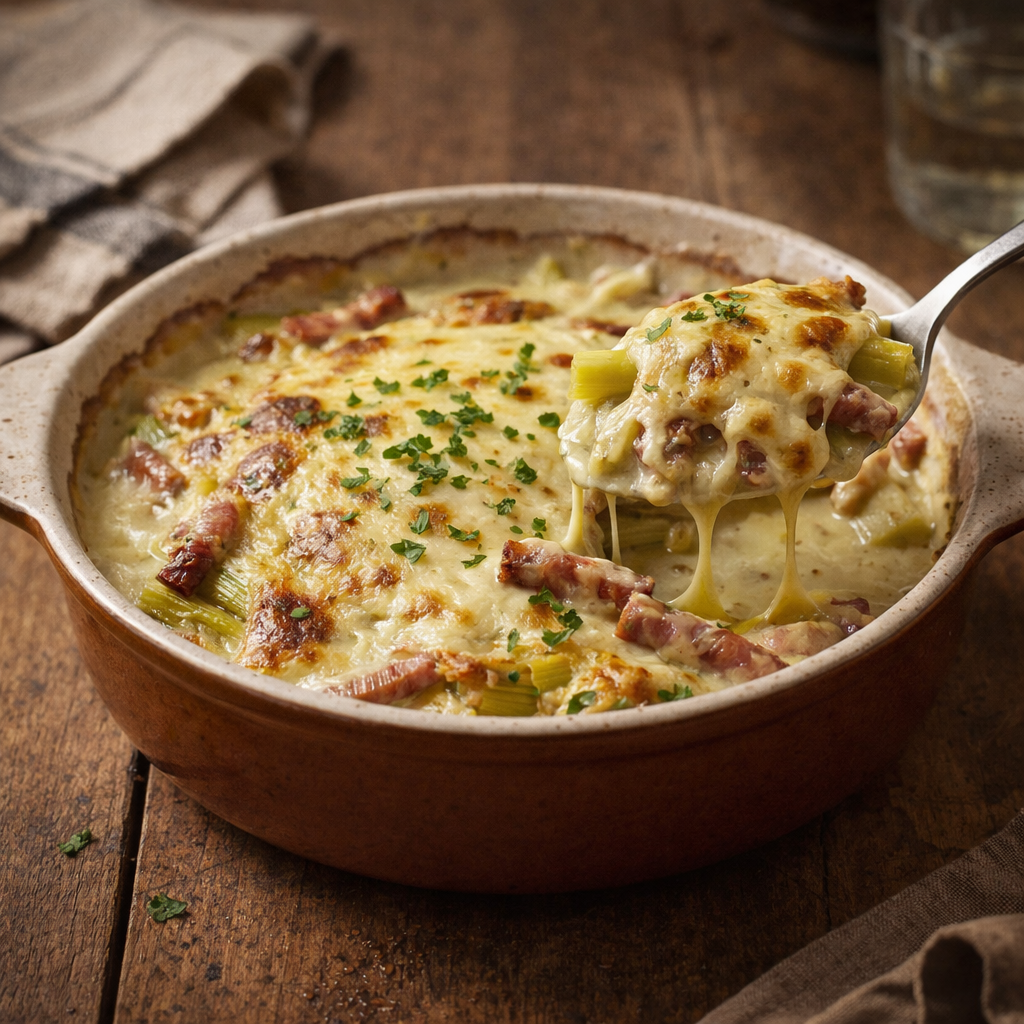 Gratin de poireaux au comté et lardons