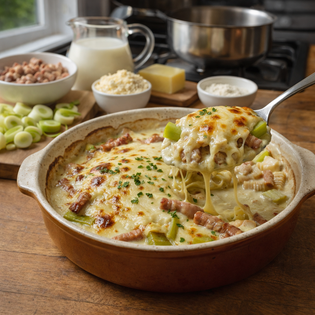 Gratin de poireaux au comté et lardons