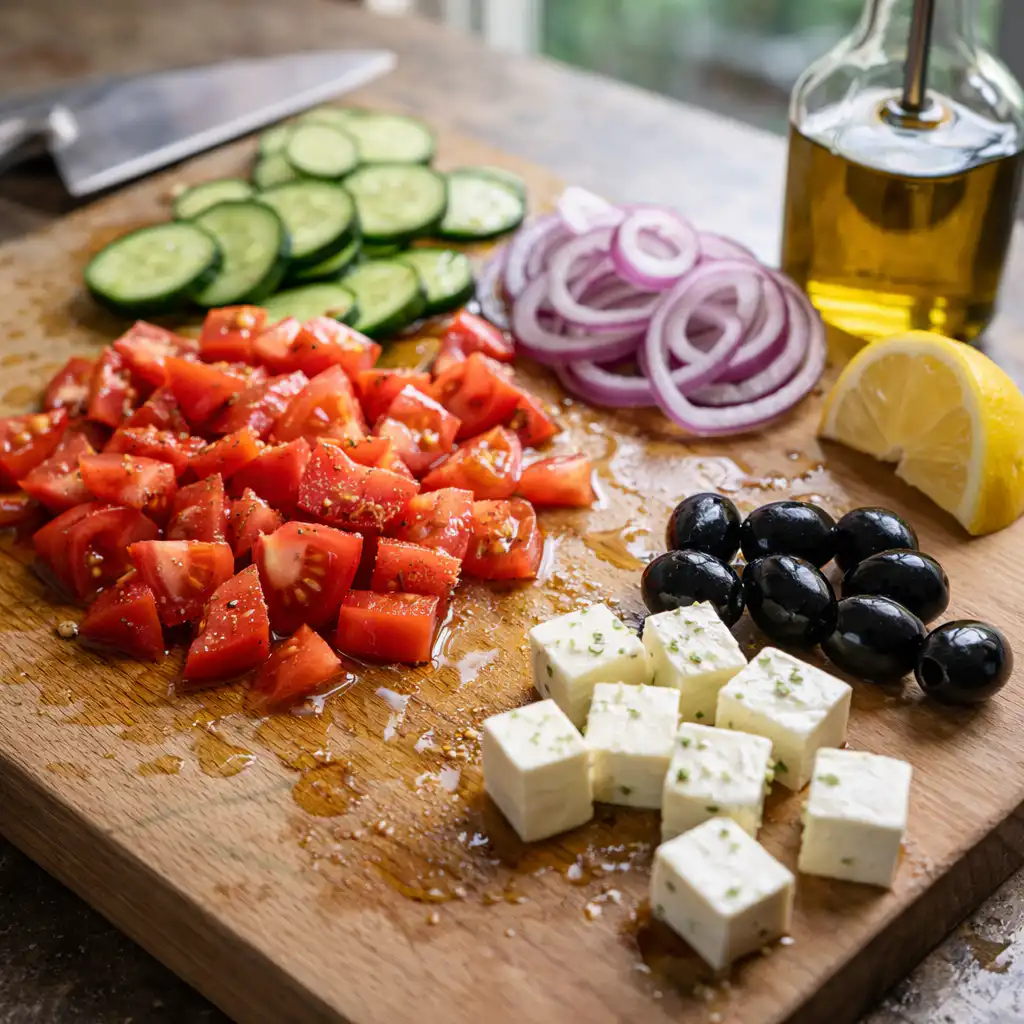 A vibrant, ultra-realistic close-up of a homemade Greek salad, showcasing a colorful mix of fresh ingredients in a cozy kitchen setting. In the foreground, a rustic wooden bowl filled with ripe tomatoes, crisp cucumbers, red onions, and tangy olives, topped with creamy feta cheese crumbles and a drizzle of olive oil. The textures of the vegetables are vividly captured, emphasizing their juiciness and freshness. In the middle ground, a subtle, softly blurred kitchen countertop adds a warm atmosphere, with natural light streaming through a nearby window, casting gentle shadows. The background features soft kitchen elements, like herbs in pots and simple dishware, creating an inviting and wholesome ambiance that reflects the essence of homemade comfort food. Salade grecque maison
