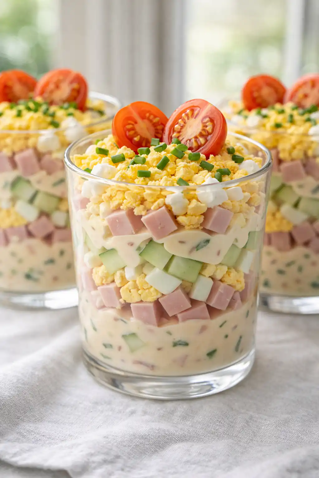 Verrines salées façon mimosa au jambon et œuf