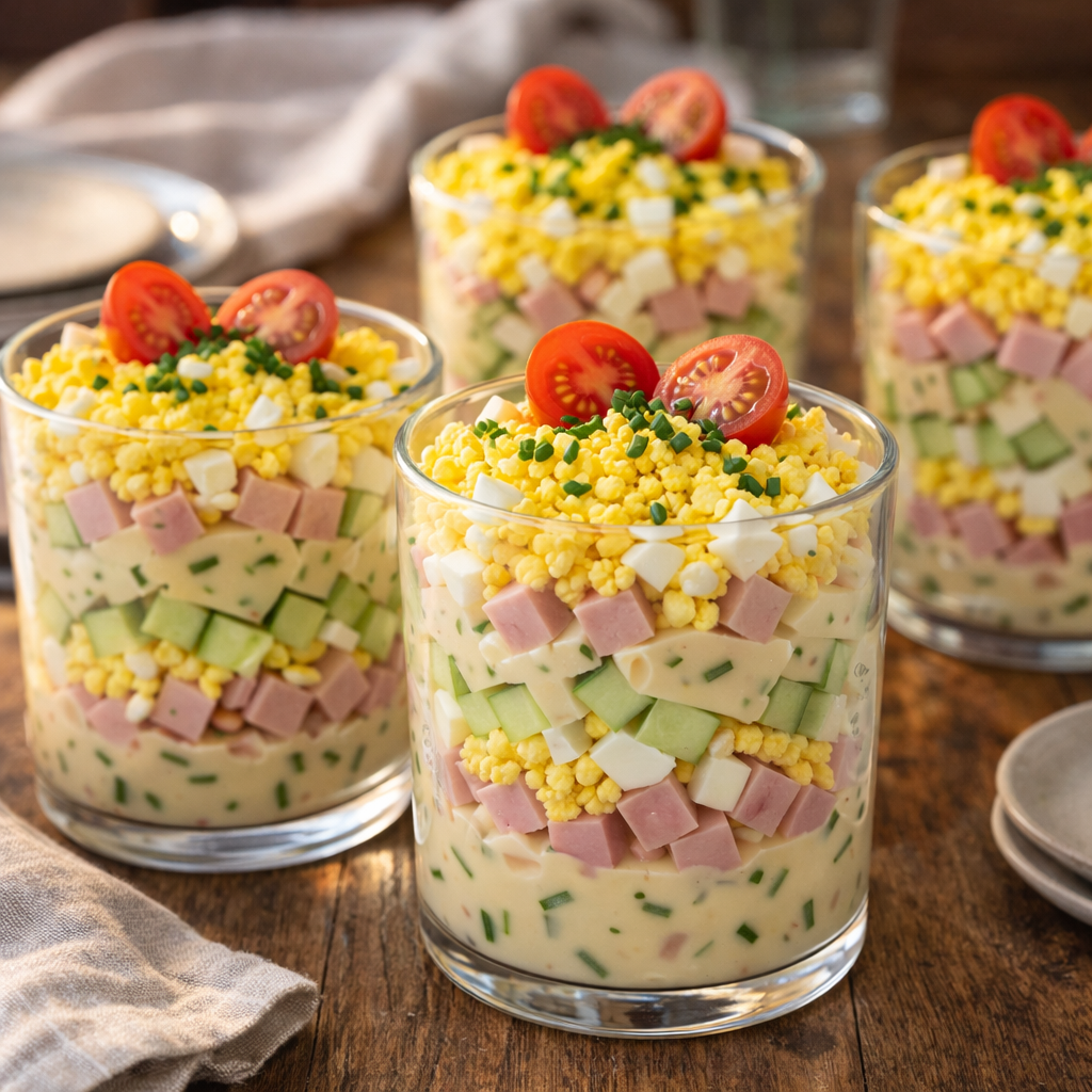 Verrines salées façon mimosa au jambon et œuf